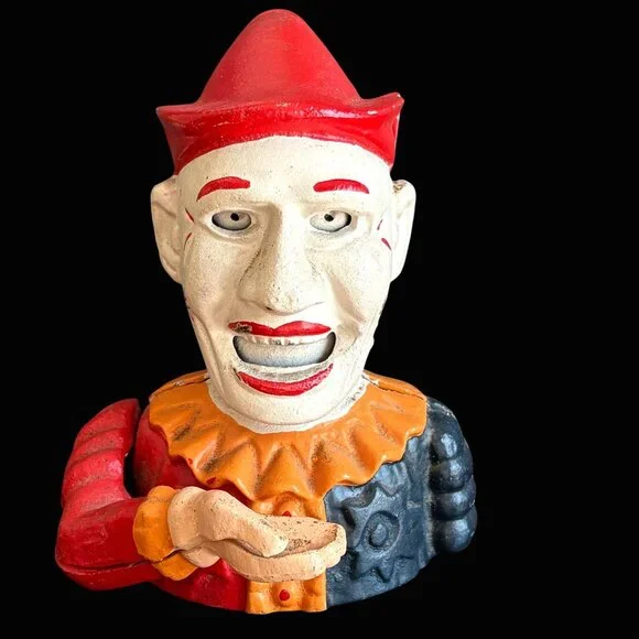 Vintage Cast Iron Clown Coin Bank Humpty Dumpty Circus Mechanical Creepy Horror - Picture 2 of 6